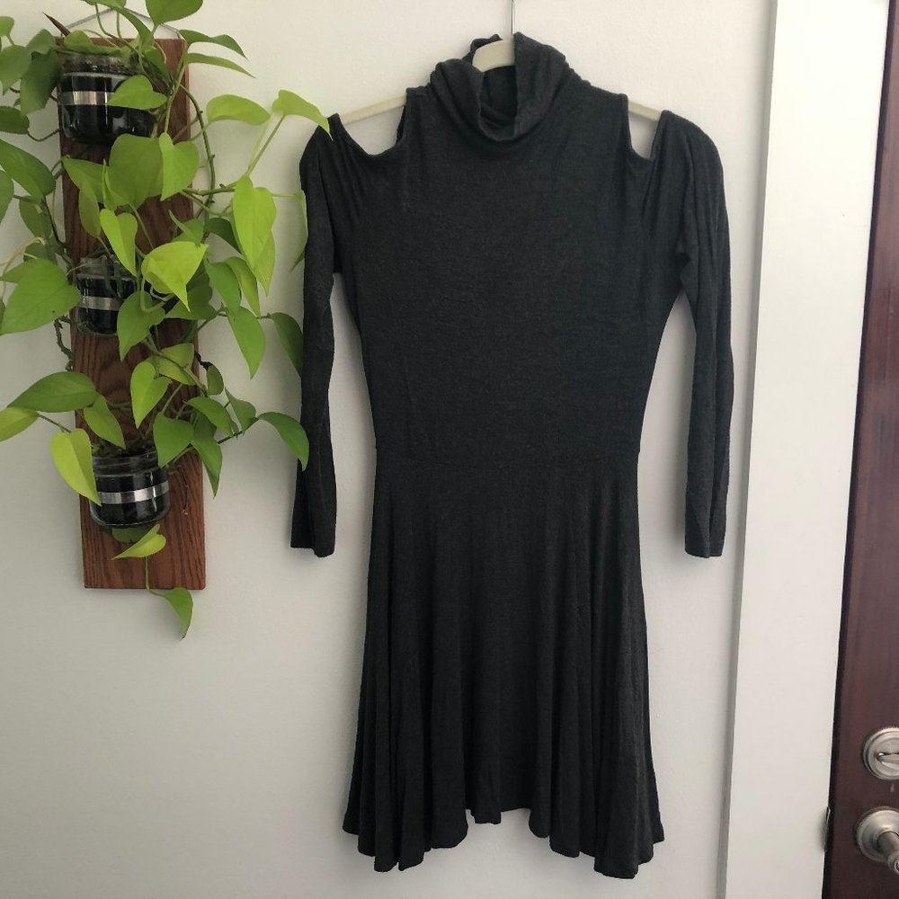Sparkle & Fade Shoulder Cutout Gray Mockneck Dress